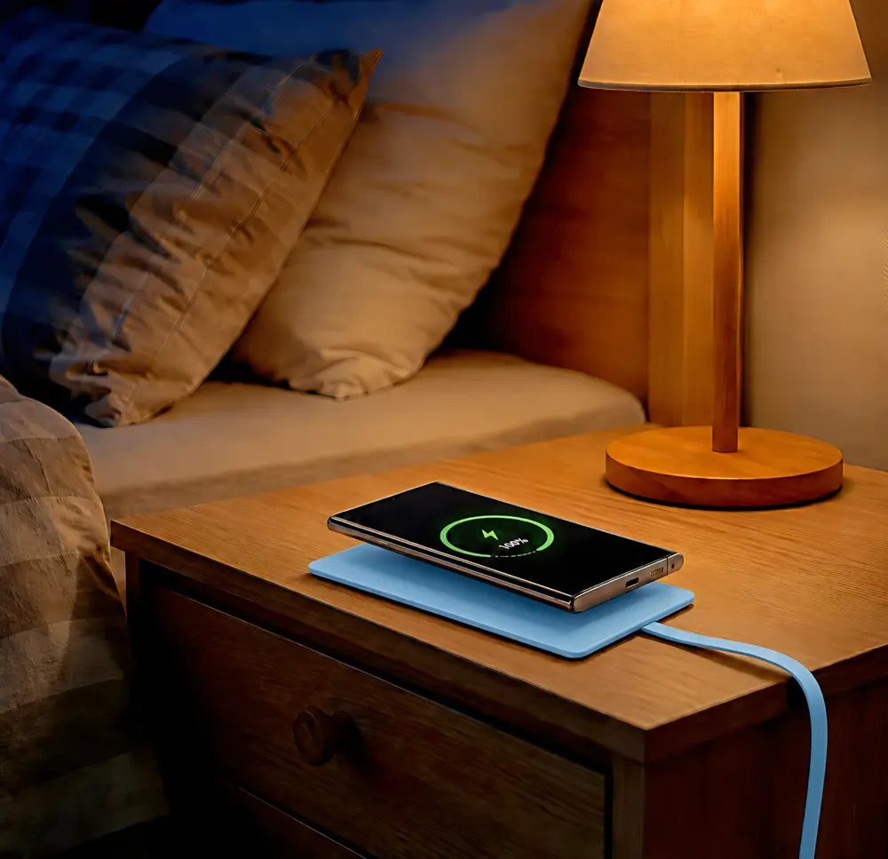 Blue Ultra-Slim Wireless Charging Pad with its flat cable, charging a phone on a bedside table