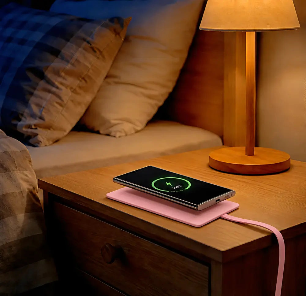 Pink Ultra-Slim Wireless Charging Pad with its flat cable, charging a phone on a bedside table