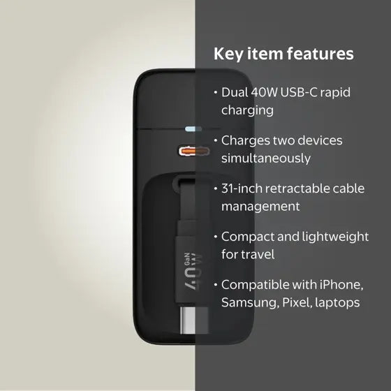 Retractable USB-C Wall Charger — features infographic