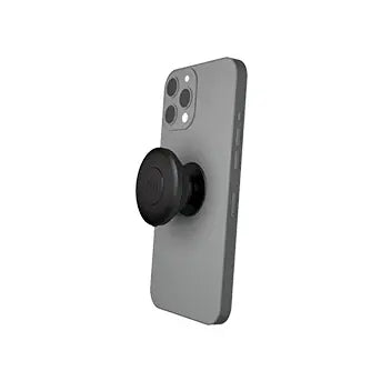 Selfie Grip Pro attached to the back of a phone, showing the collapsible grip and camera shutter button