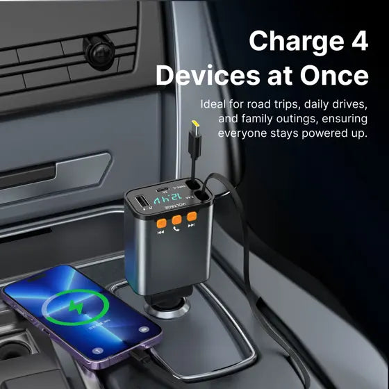 Retractable Car Charger + FM Transmitter — features infographic