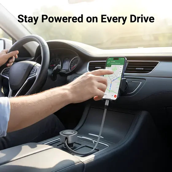 Retractable USB-C Car Charger — features infographic