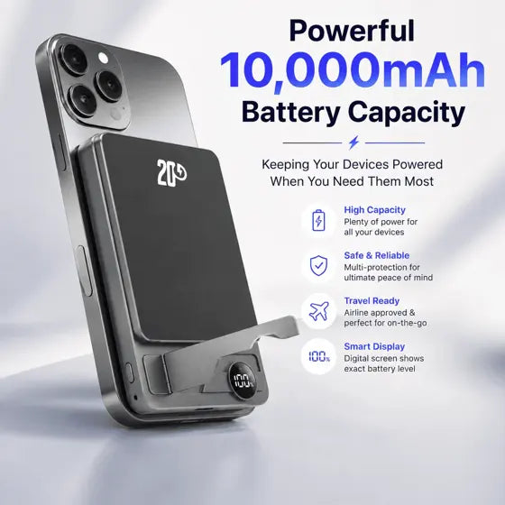 Magnetic Wireless Power Bank — features infographic