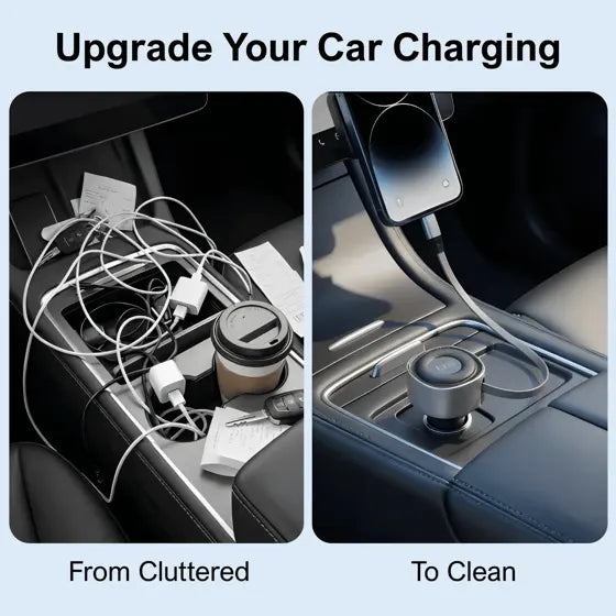 Retractable USB-C Car Charger — features infographic