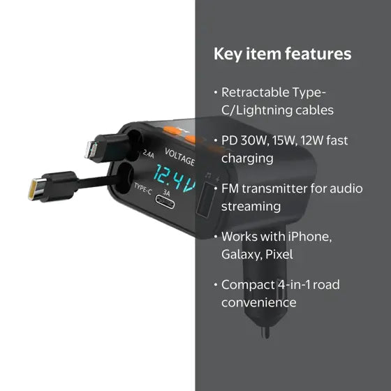 Retractable Car Charger + FM Transmitter — features infographic