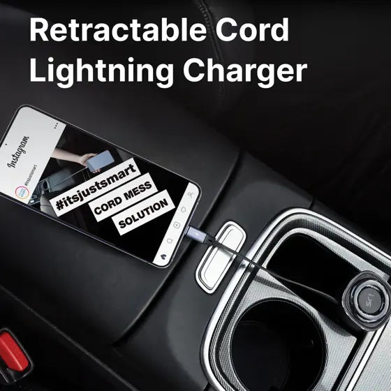 Retractable Lightning Car Charger — features infographic