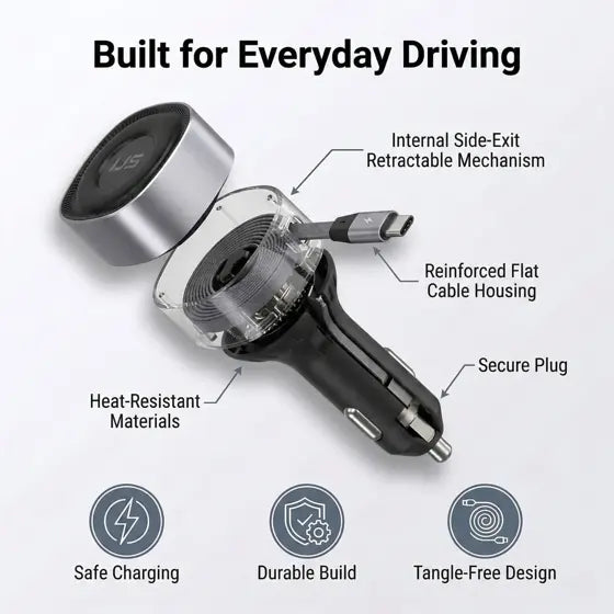 Retractable USB-C Car Charger — features infographic