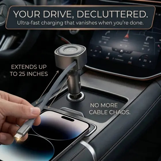 Retractable USB-C Car Charger — features infographic