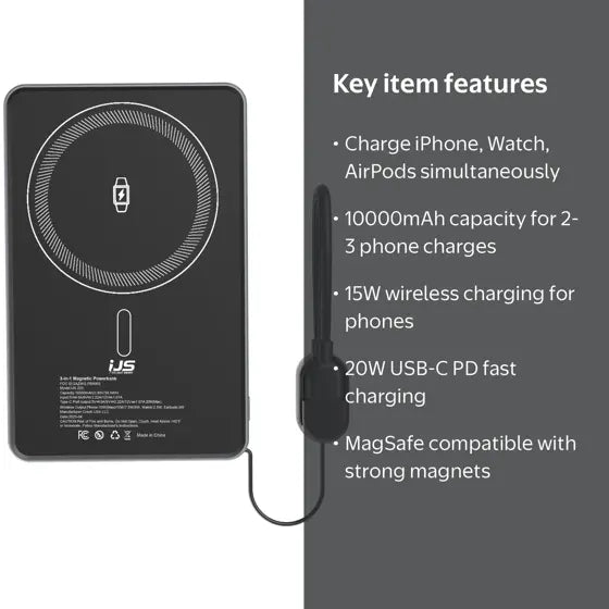 Magnetic Wireless Power Bank — features infographic