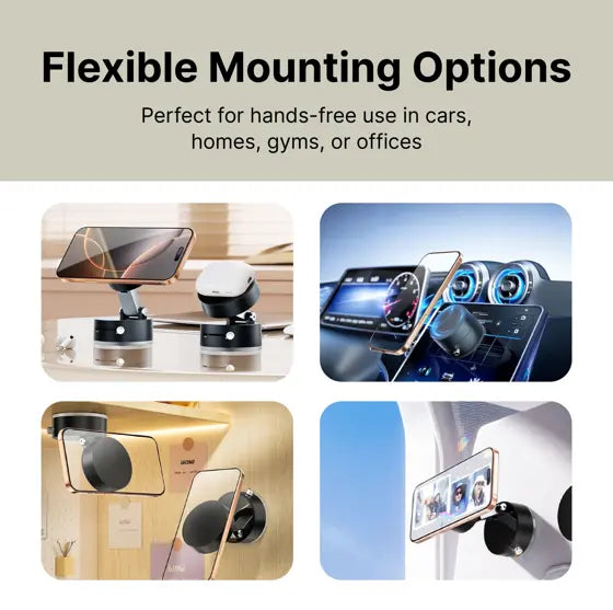 Collapsible Magnetic Phone Mount — features infographic
