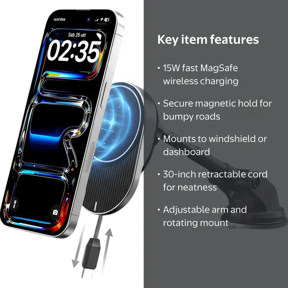 Magnetic Wireless Car Charger — features infographic