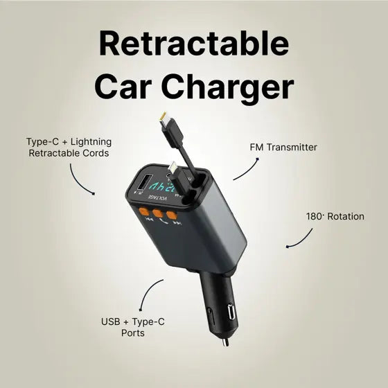 Retractable Car Charger + FM Transmitter — features infographic