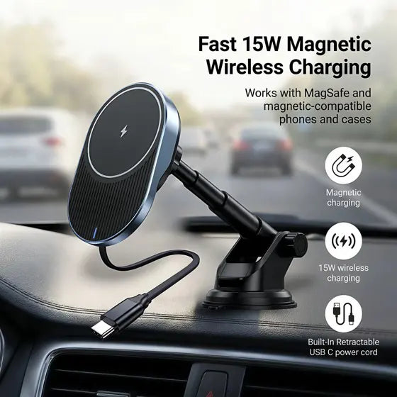 Magnetic Wireless Car Charger — features infographic