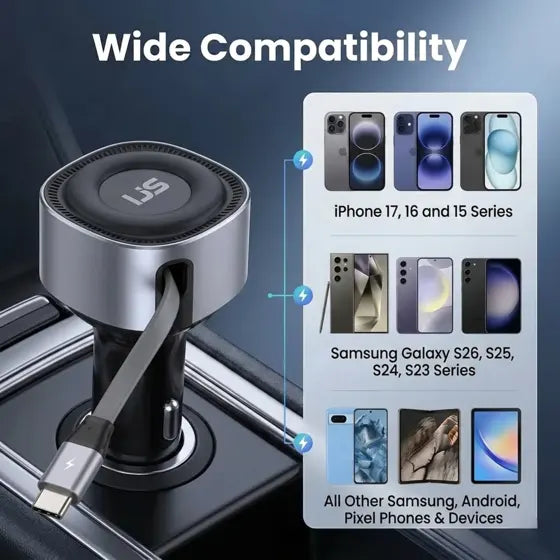 Retractable USB-C Car Charger — features infographic