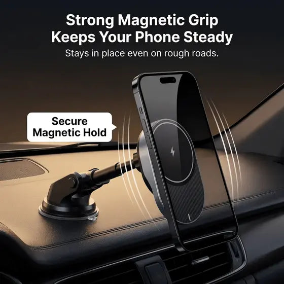 Magnetic Wireless Car Charger — features infographic