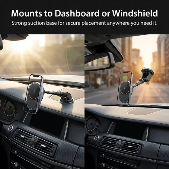 Magnetic Wireless Car Charger — features infographic