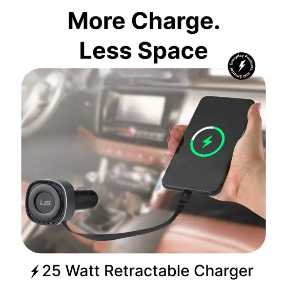 Retractable Lightning Car Charger — features infographic