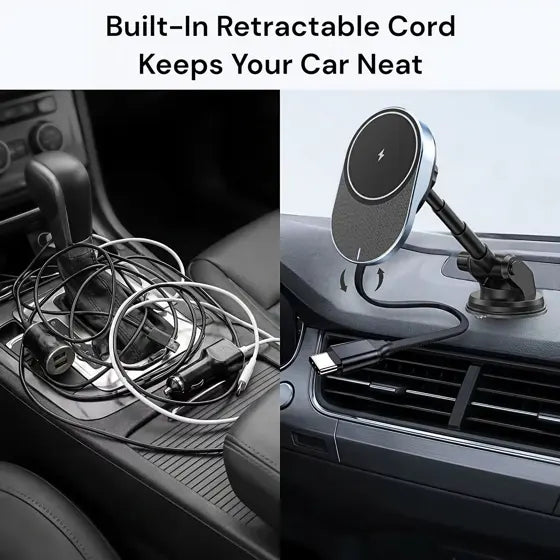 Magnetic Wireless Car Charger — features infographic