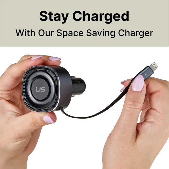 Retractable Lightning Car Charger — features infographic