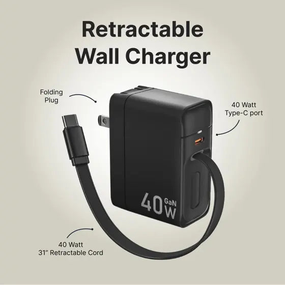 Retractable USB-C Wall Charger — features infographic