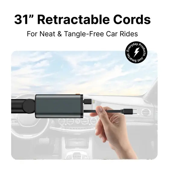 Retractable Car Charger + FM Transmitter — features infographic