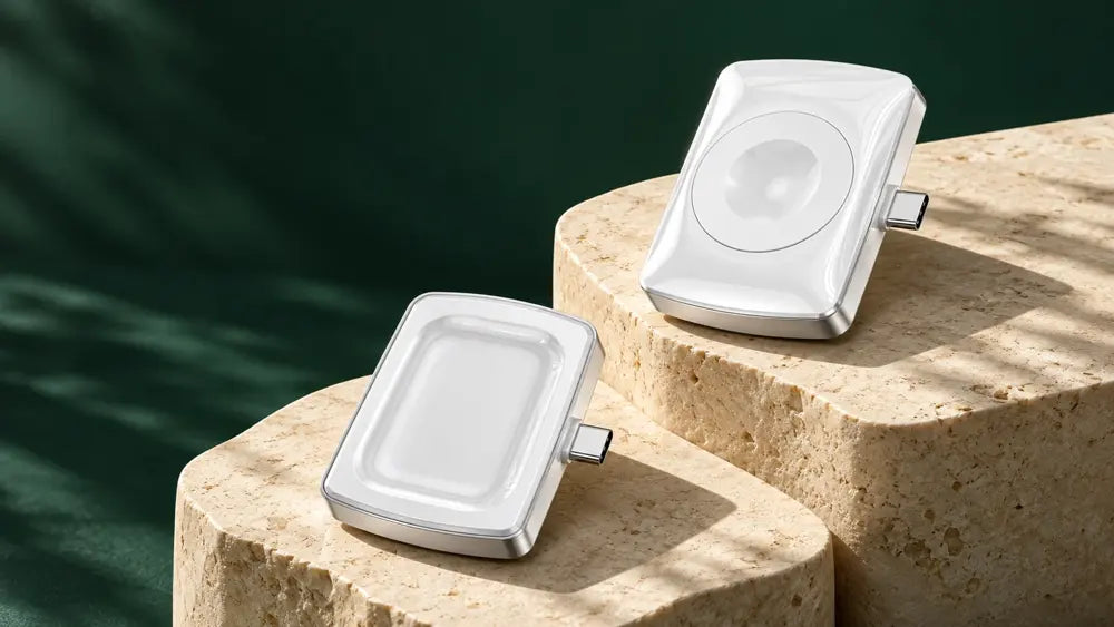 Two views of the white IJS Watch and Earbuds Flip Charger showing its watch face and earbud cradle