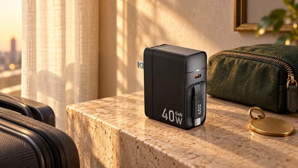 Black IJS retractable USB-C wall charger on a hotel console beside travel accessories