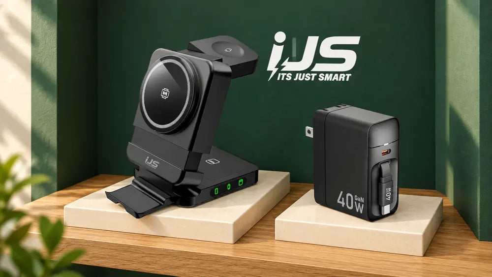IJS 3-in-1 charging station and retractable wall charger on an oak shelf beneath the IJS logo