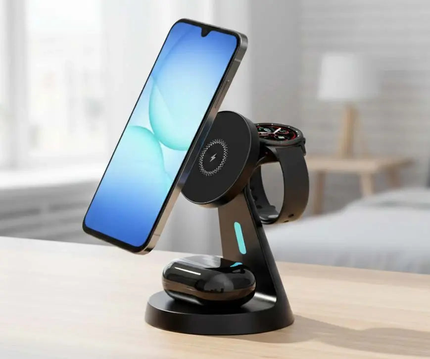 Charging stand on a table with a phone, watch, and earbuds
