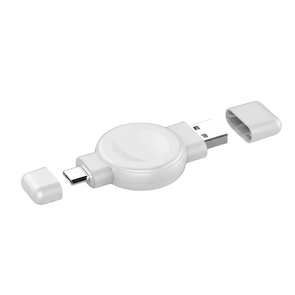 Compact watch charger showing USB-C and USB-A connections and covers