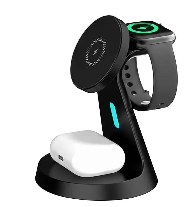 Black desk stand supporting a phone, watch, and earbuds