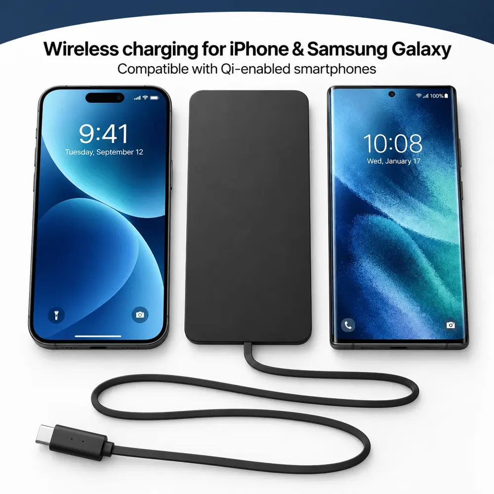 Ultra-Slim Wireless Charging Pad beside iPhone and Samsung Galaxy phones, with Qi compatibility text and its attached flat USB-C cable